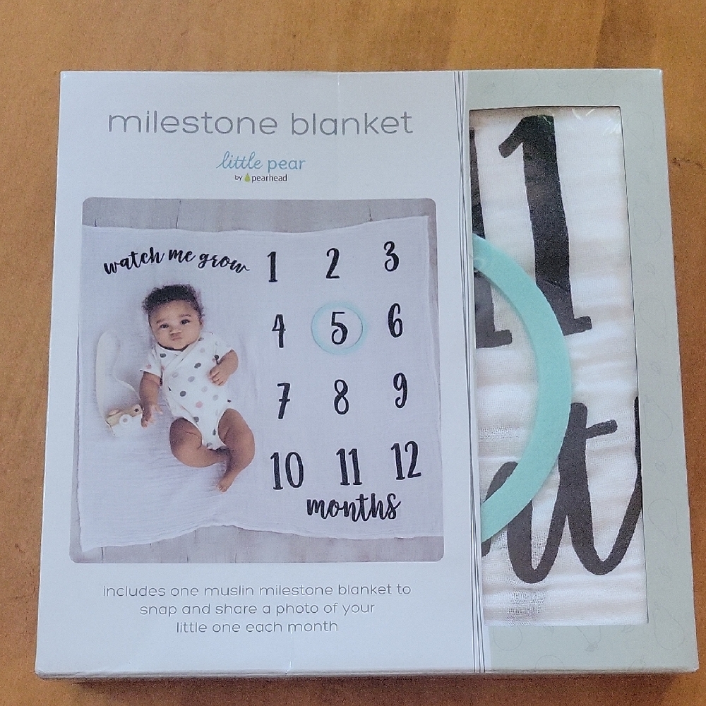 Pearhead Milestone Blanket - White and Black with Aqua Accents